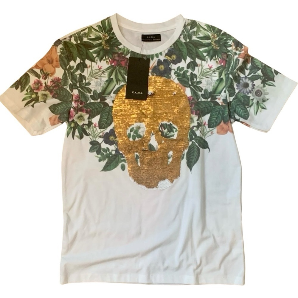 Zara Men’s T Shirt Gold Sequin Skull Floral T Shirt Size S